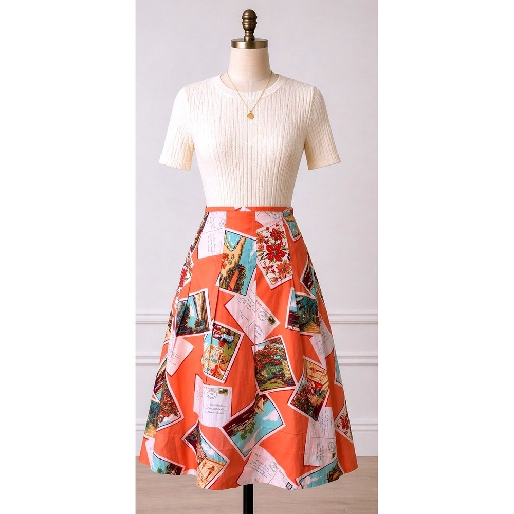 Vintage 90s Eddie Bauer‎ Skirt Womens 14 Peach Postcard Tropical Novelty